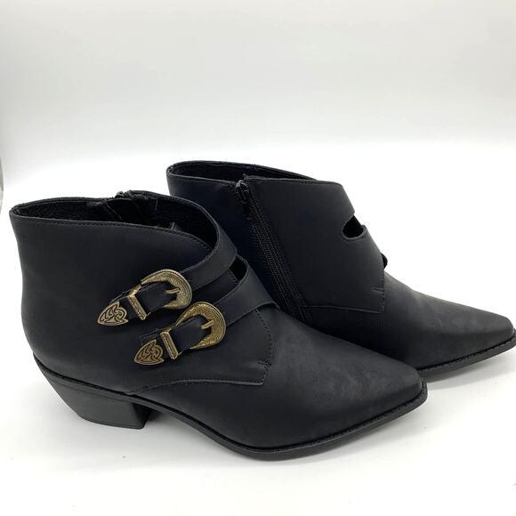 Black Ankle Bootie Women Size 10 Solid Faux leather Pointed Toe Heeled Buckle - Picture 1 of 8
